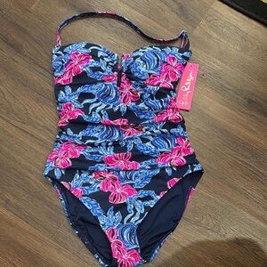 Lilly Pulitzer Navy One-Piece Swimsuit with Pink & Blue Floral Print